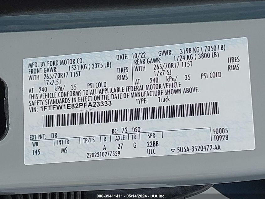 1FTFW1E82PFA23333 | 2023 FORD F-150