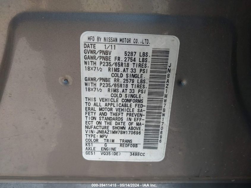 2011 Nissan Murano Sv VIN: JN8AZ1MW7BW170696 Lot: 39411415