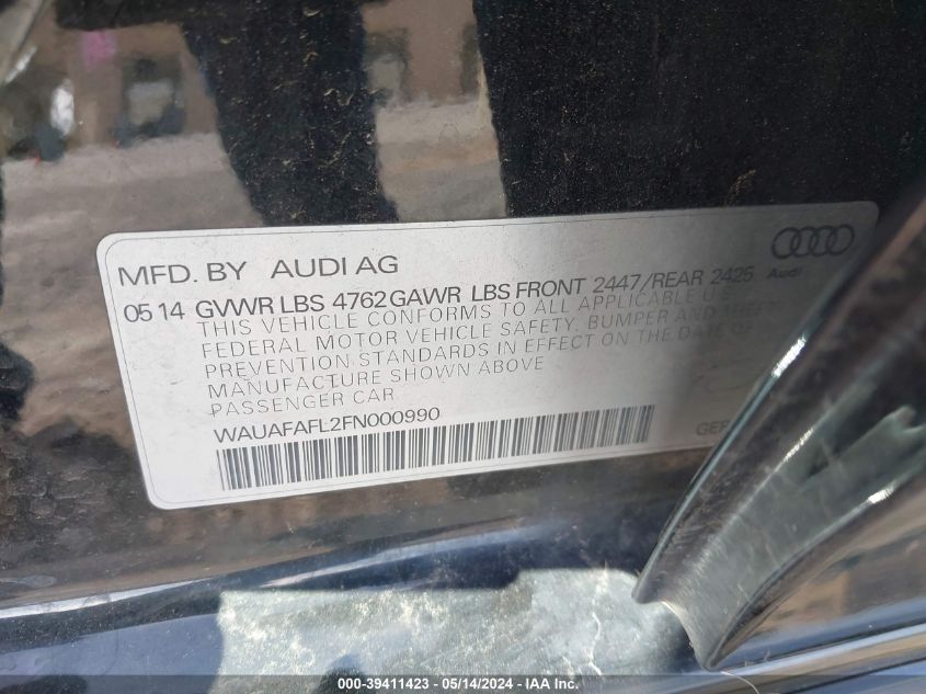 2015 Audi A4 2.0T Premium VIN: WAUAFAFL2FN000990 Lot: 39411423
