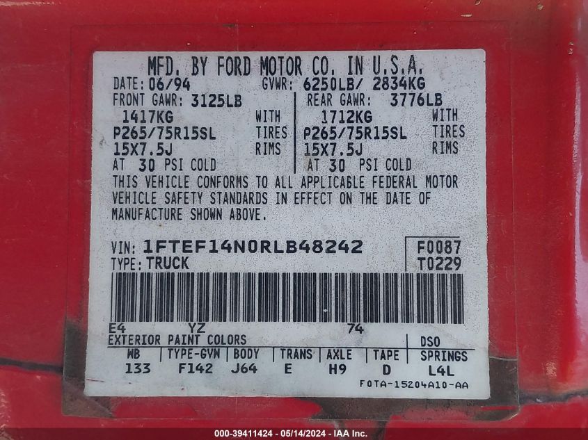 1994 Ford F150 VIN: 1FTEF14N0RLB48242 Lot: 39411424