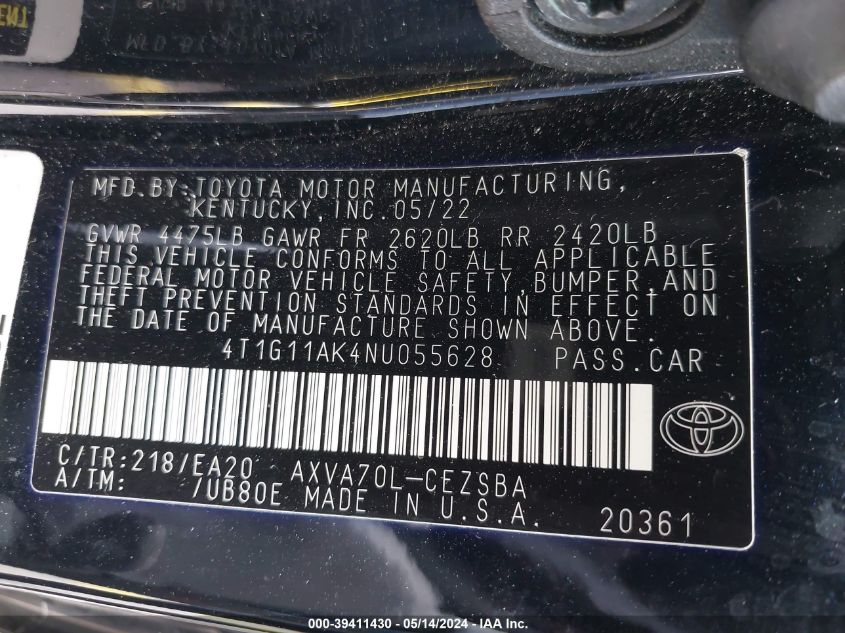 2022 Toyota Camry Se VIN: 4T1G11AK4NU055628 Lot: 39411430