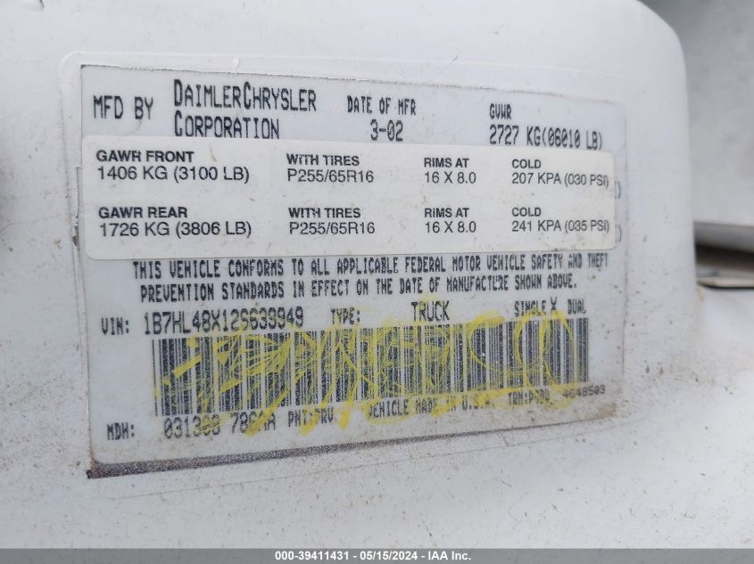 2000 Dodge Dakota Slt/Sport VIN: 1B7GL2AN4YS635041 Lot: 39411431