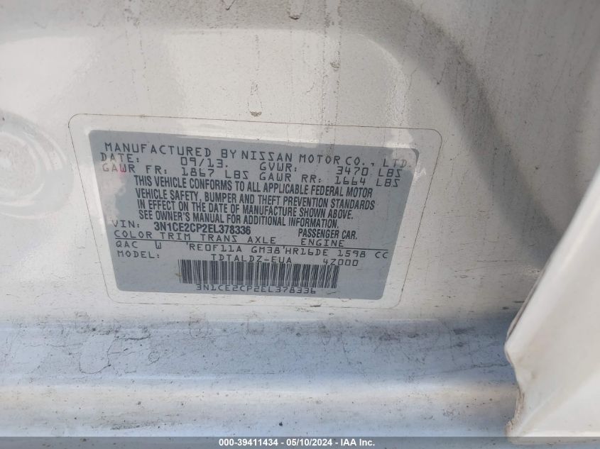 2014 Nissan Versa Note Sv VIN: 3N1CE2CP2EL378336 Lot: 39411434