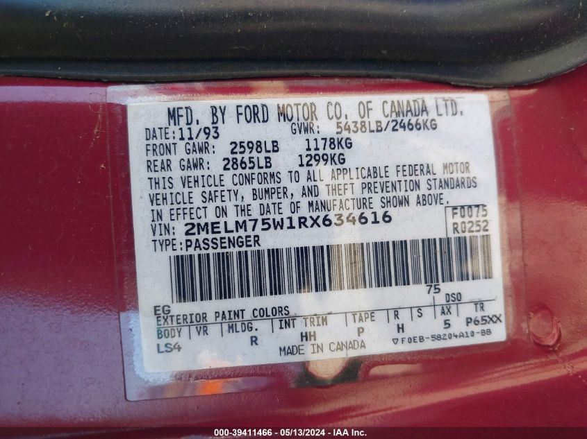 1994 Mercury Grand Marquis Ls VIN: 2MELM75W1RX634616 Lot: 39411466