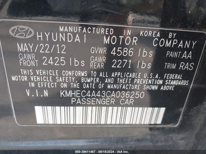 2012 Hyundai Sonata Hybrid VIN: KMHEC4A43CA036250 Lot: 39411467