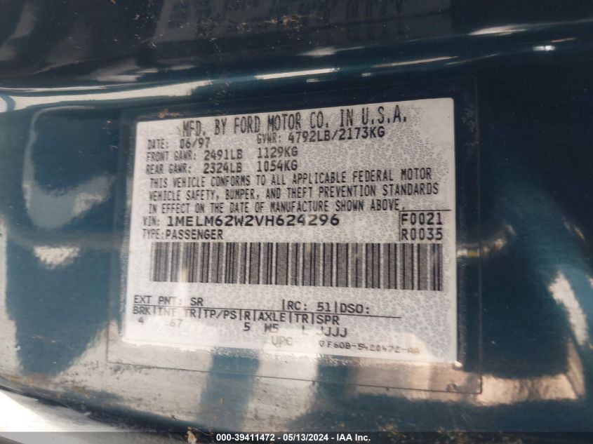 1997 Mercury Cougar Xr7 VIN: 1MELM62W2VH624296 Lot: 39411472