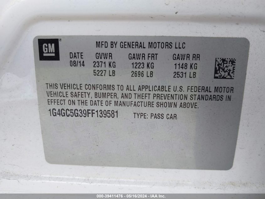 2015 Buick Lacrosse VIN: 1G4GC5G39FF139581 Lot: 39411476