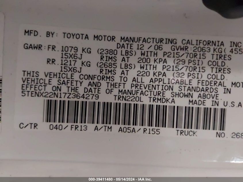 2007 Toyota Tacoma VIN: 5TENX22N17Z364279 Lot: 39411480