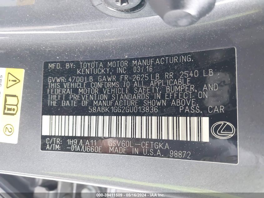 2016 Lexus Es 350 VIN: 58ABK1GG2GU013836 Lot: 39411509