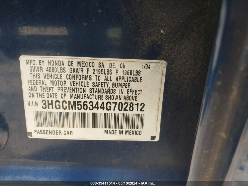 2004 Honda Accord 2.4 Lx VIN: 3HGCM56344G702812 Lot: 39411514