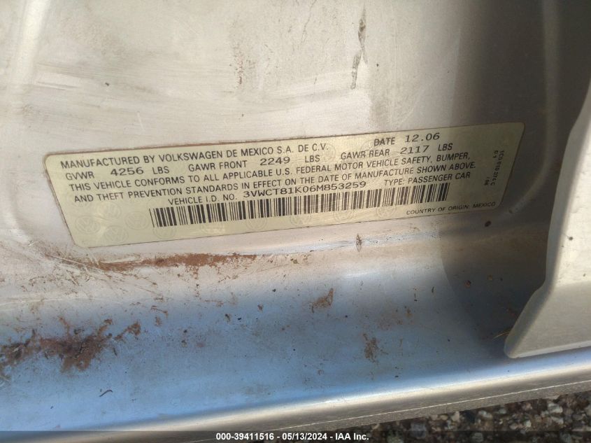 2006 Volkswagen Jetta Diesel VIN: 3VWCT81K06M853259 Lot: 39411516