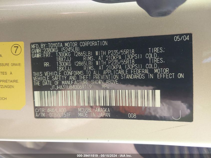 2004 Lexus Rx 330 VIN: JTJHA31U840069119 Lot: 39411519