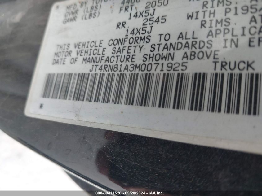 1991 Toyota Pickup 1/2 Ton Short Wheelbase VIN: JT4RN81A3M0071925 Lot: 39411520