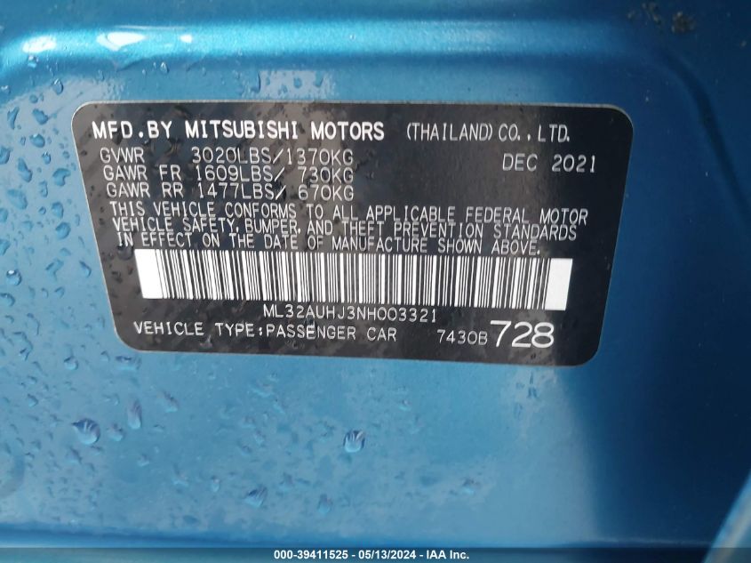 2022 Mitsubishi Mirage Es/Le VIN: ML32AUHJ3NH003321 Lot: 39411525