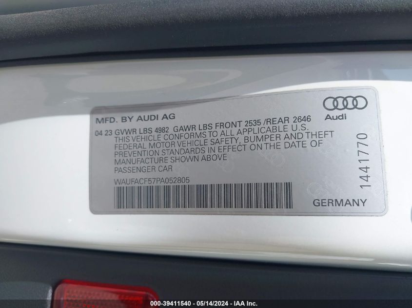 2023 Audi A5 Sportback Premium Plus 45 Tfsi S Line Quattro S Tronic VIN: WAUFACF57PA052805 Lot: 39411540