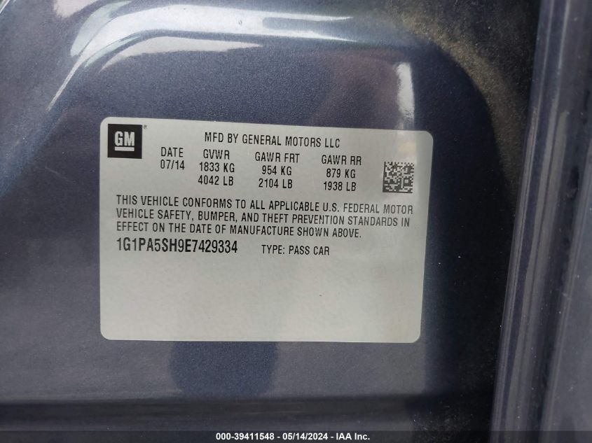 2014 Chevrolet Cruze Ls Auto VIN: 1G1PA5SH9E7429334 Lot: 39411548