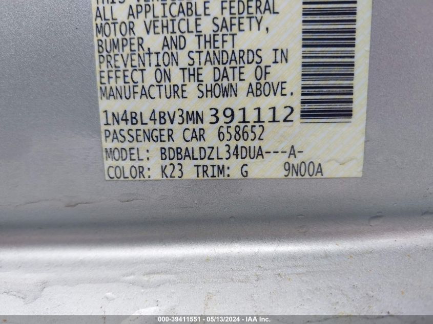 2021 Nissan Altima S Fwd VIN: 1N4BL4BV3MN391112 Lot: 39411551