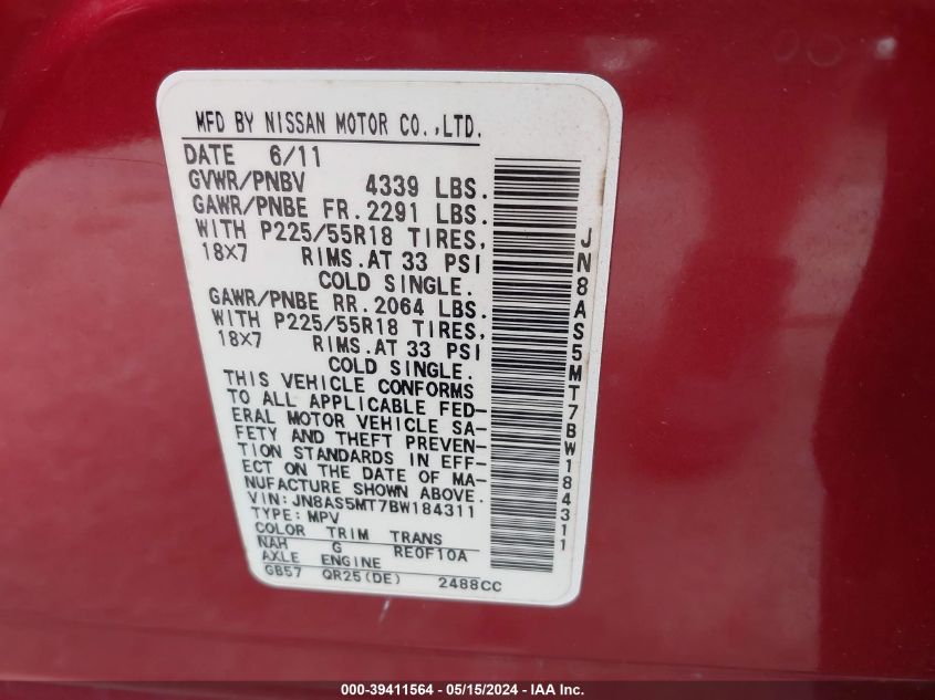 2011 Nissan Rogue Sv VIN: JN8AS5MT7BW184311 Lot: 39411564