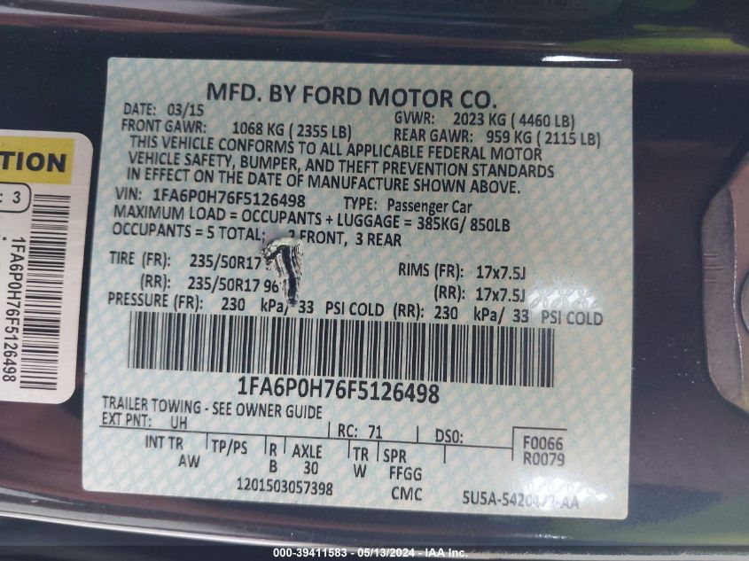 2015 FORD FUSION SE - 1FA6P0H76F5126498