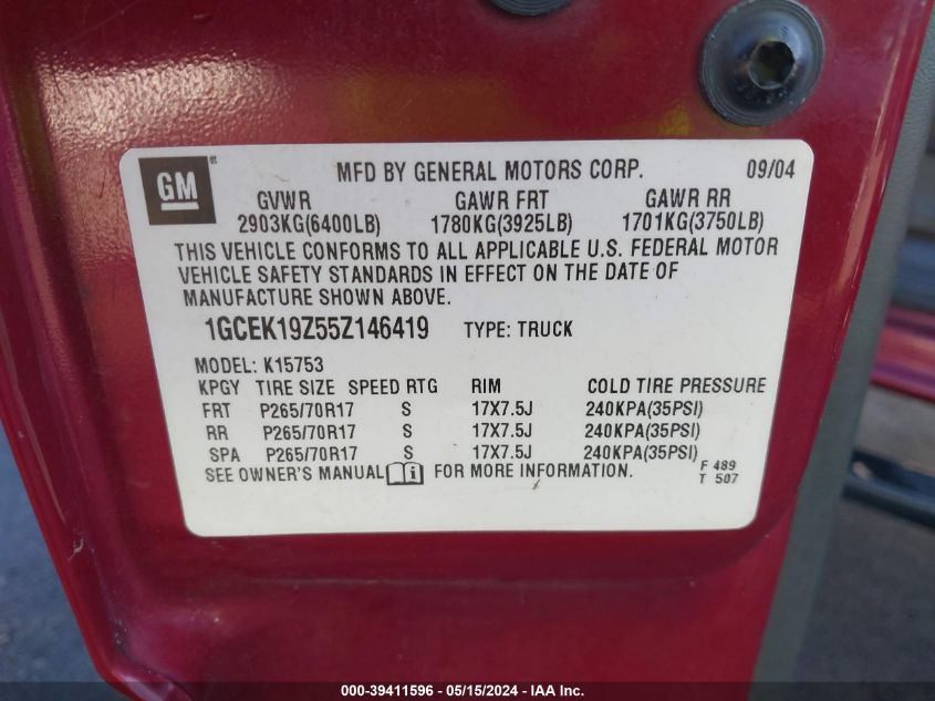 2005 Chevrolet Silverado 1500 Ls VIN: 1GCEK19Z55Z146419 Lot: 39411596