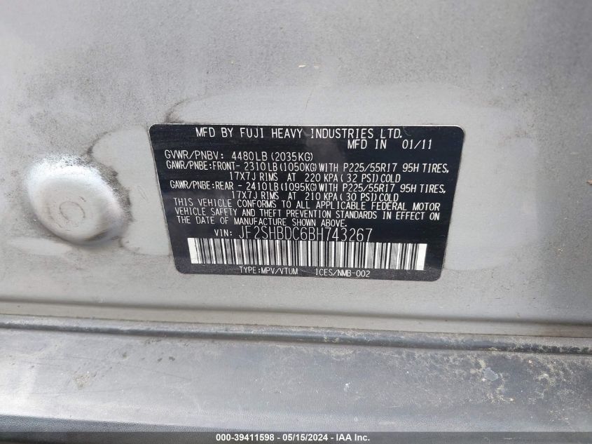 2011 Subaru Forester 2.5X Premium VIN: JF2SHBDC6BH743267 Lot: 39411598