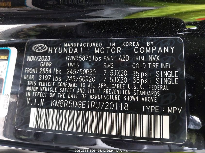 2024 Hyundai Palisade Limited VIN: KM8R5DGE1RU720118 Lot: 39411606