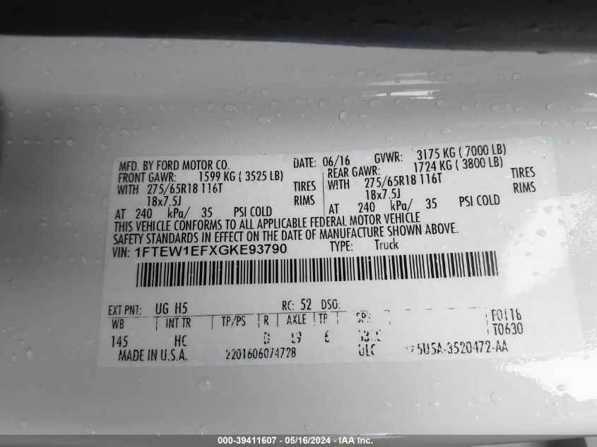 2016 Ford F-150 Lariat VIN: 1FTEW1EFXGKE93790 Lot: 39411607