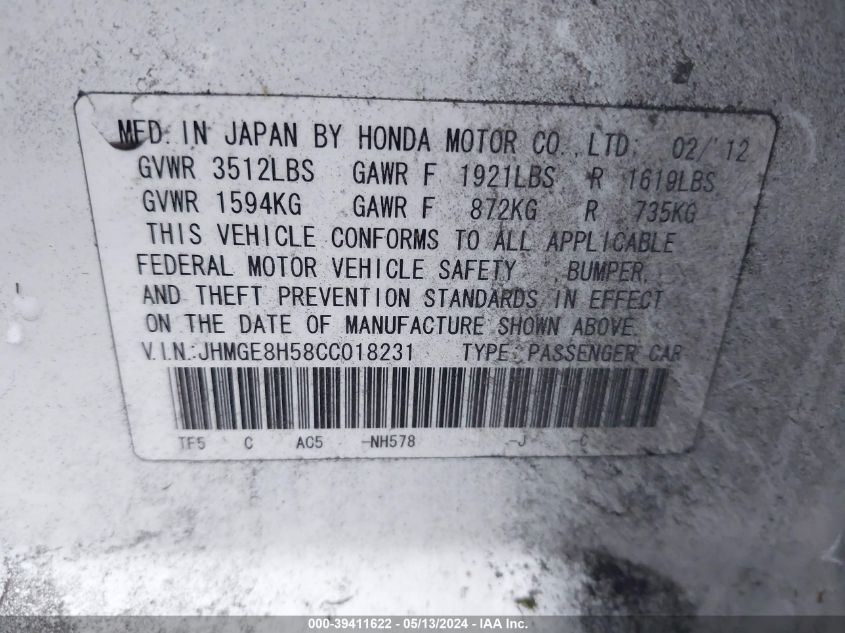 2012 Honda Fit Sport VIN: JHMGE8H58CC018231 Lot: 39411622