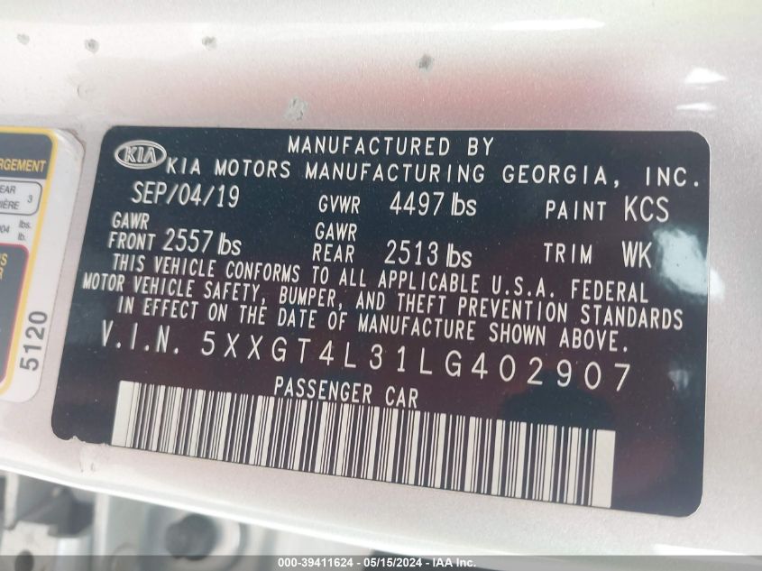 2020 Kia Optima Lx VIN: 5XXGT4L31LG402907 Lot: 39411624