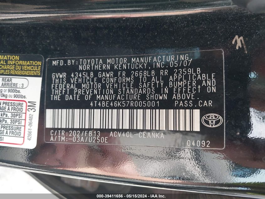 2007 Toyota Camry Le VIN: 4T4BE46K57R005001 Lot: 39411656