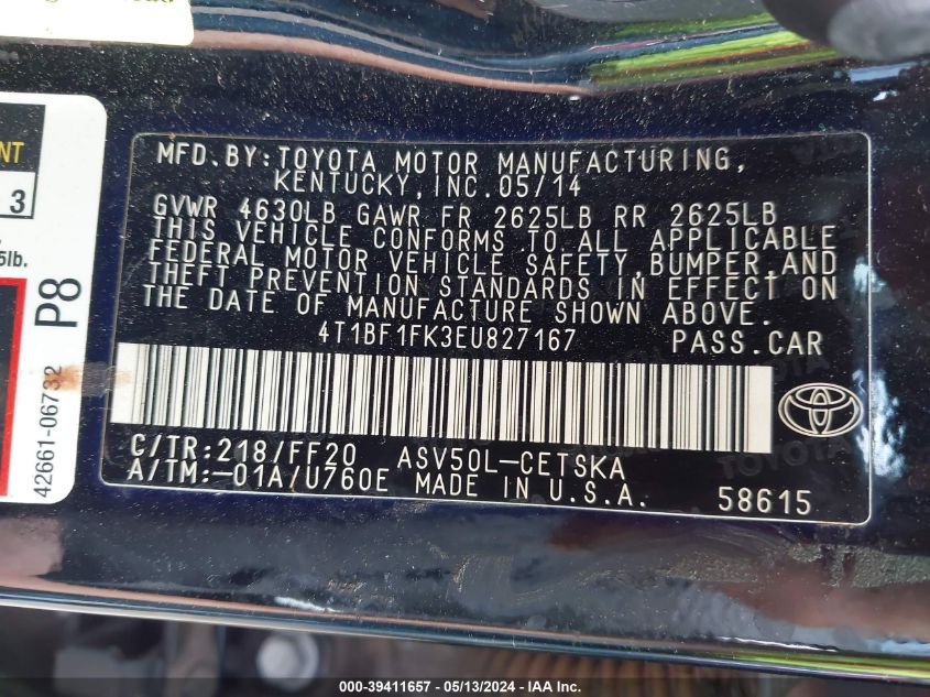 2014 Toyota Camry Se Sport VIN: 4T1BF1FK3EU827167 Lot: 39411657