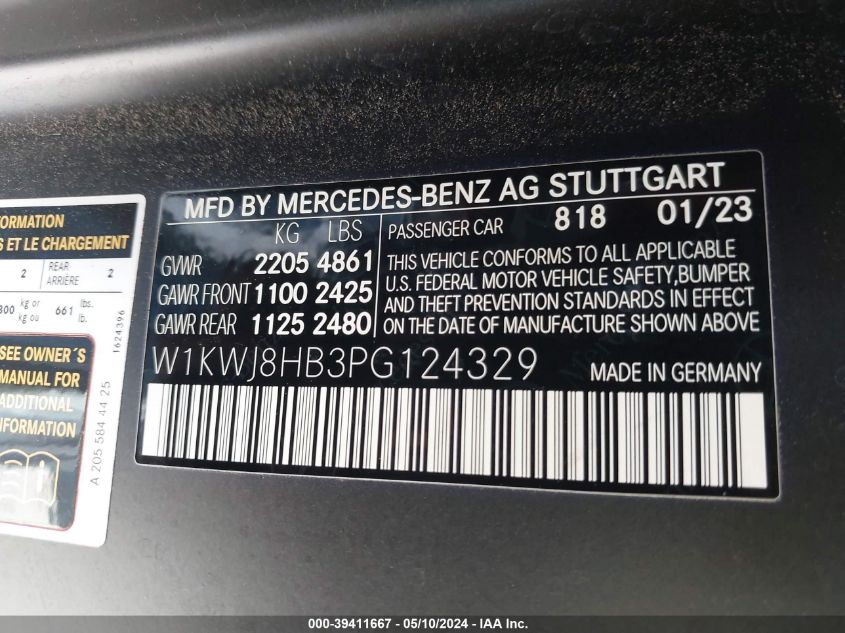 2023 Mercedes-Benz Amg C 63 S VIN: W1KWJ8HB3PG124329 Lot: 39411667