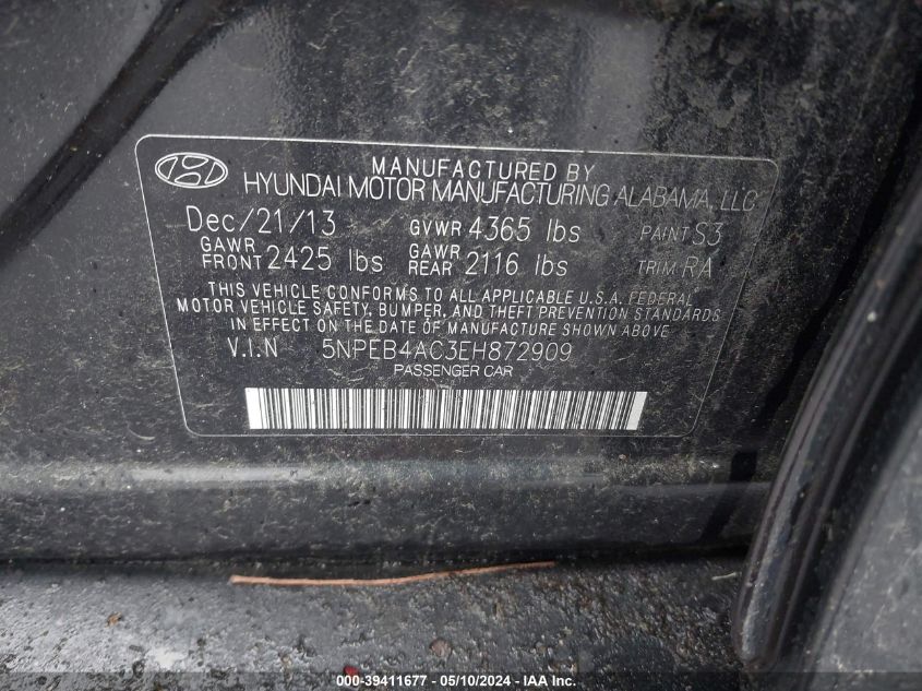 2014 Hyundai Sonata Gls VIN: 5NPEB4AC3EH872909 Lot: 39411677