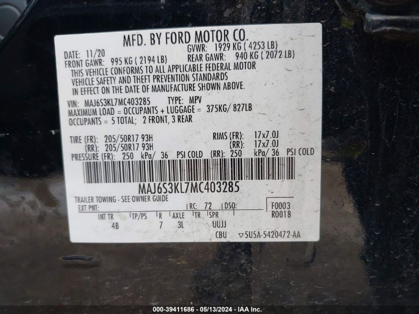 2021 Ford Ecosport Titanium VIN: MAJ6S3KL7MC403285 Lot: 39411686