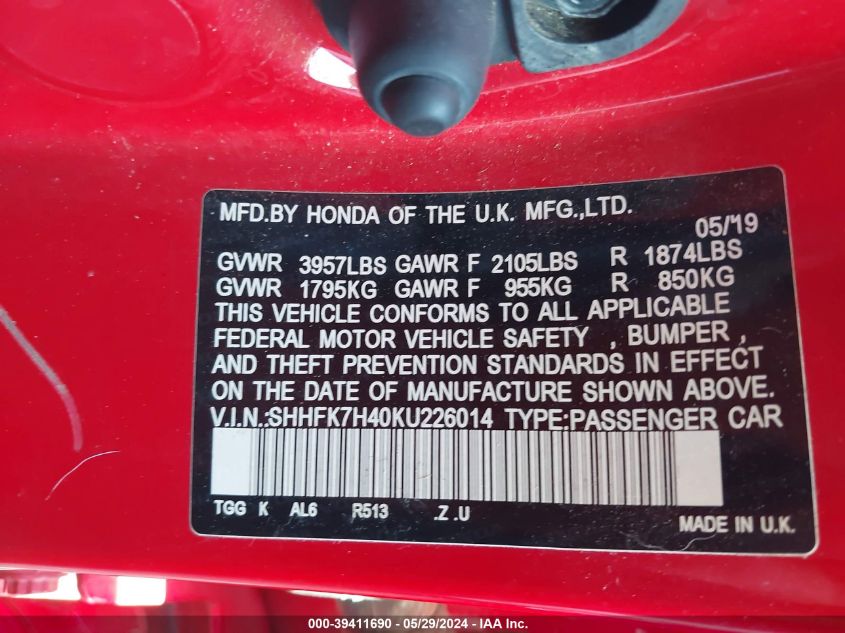 2019 Honda Civic Sport VIN: SHHFK7H40KU226014 Lot: 39411690