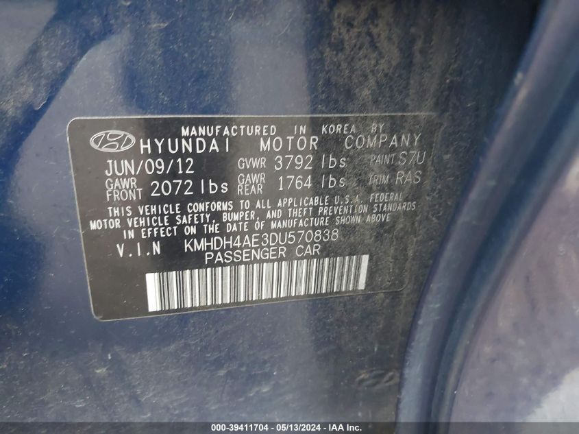 2013 Hyundai Elantra Gls VIN: KMHDH4AE3DU570838 Lot: 39411704