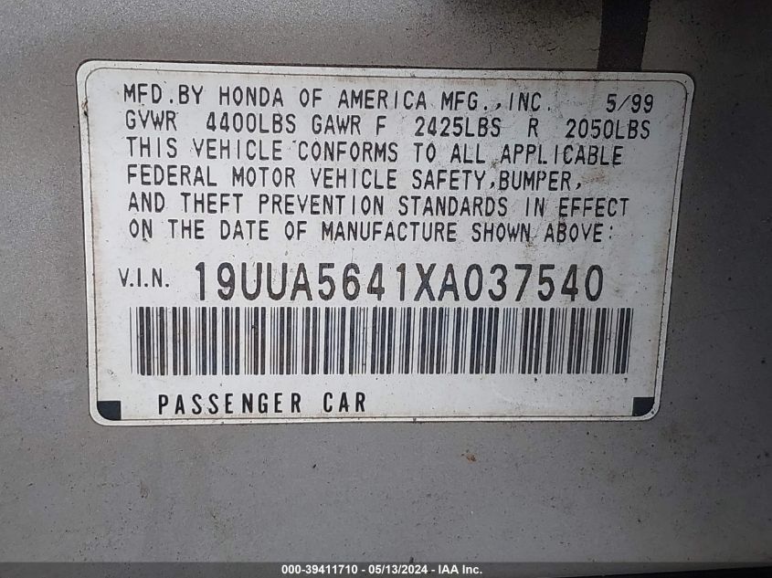 1999 Acura Tl 3.2 VIN: 19UUA5641XA037540 Lot: 39411710