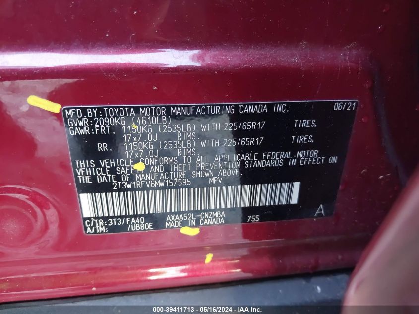 2021 Toyota Rav4 Xle VIN: 2T3W1RFV6MW157595 Lot: 39411713