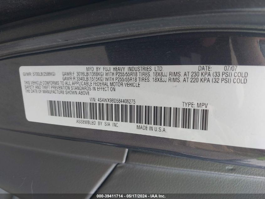 2008 Subaru Tribeca Limited 7-Passenger VIN: 4S4WX98D584406275 Lot: 39411714