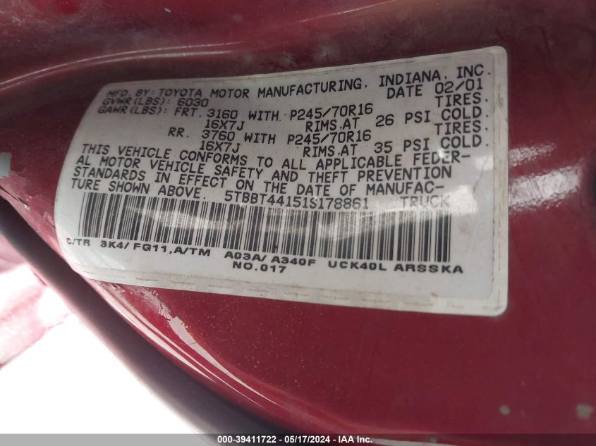 2001 Toyota Tundra Sr5 V8 VIN: 5TBBT44151S178861 Lot: 39411722