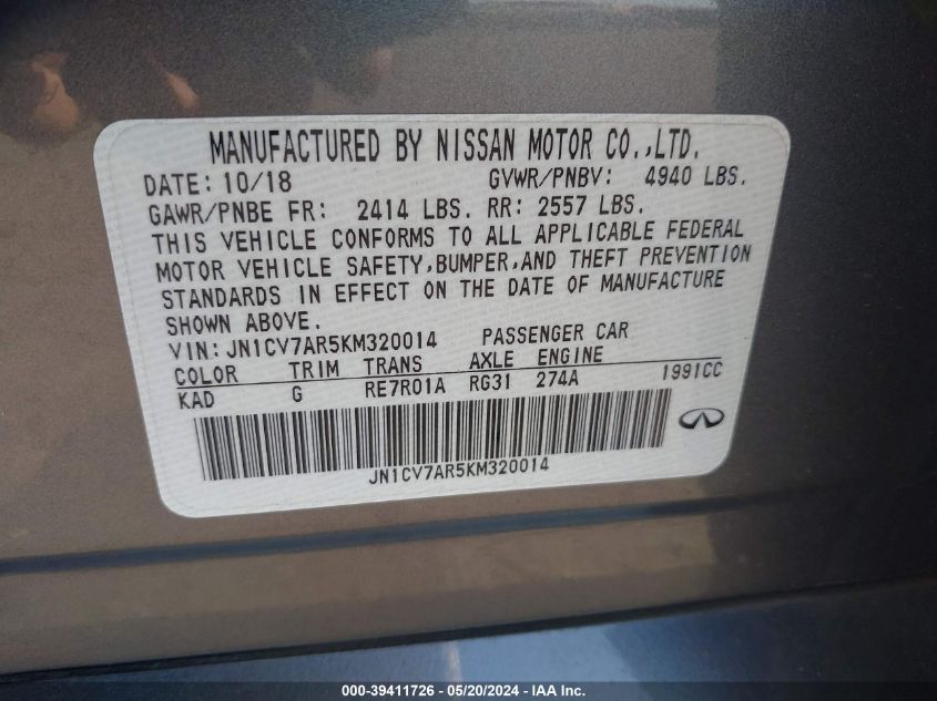 2019 Infiniti Q50 2.0T Pure VIN: JN1CV7AR5KM320014 Lot: 39411726