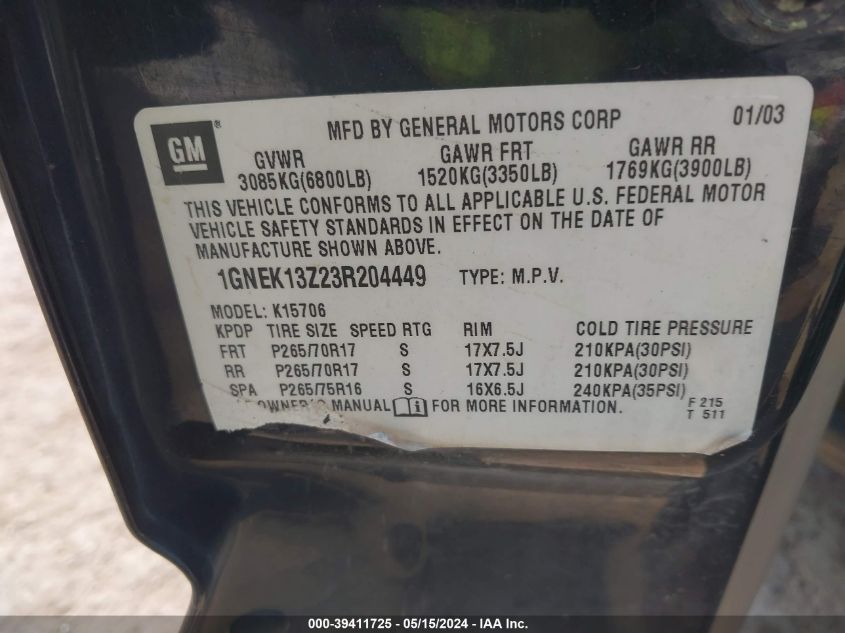 2003 Chevrolet Tahoe Z71 VIN: 1GNEK13Z23R204449 Lot: 39411725