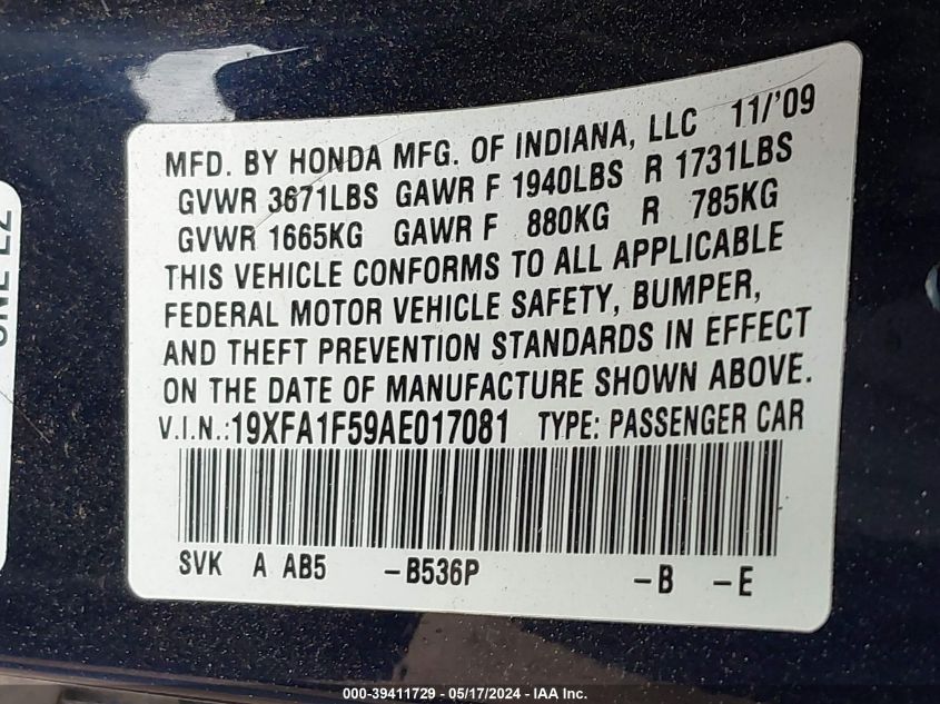 2010 Honda Civic Lx VIN: 19XFA1F59AE017081 Lot: 39411729