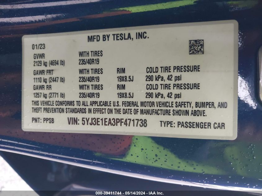 2023 Tesla Model 3 Rear-Wheel Drive VIN: 5YJ3E1EA3PF471738 Lot: 39411744