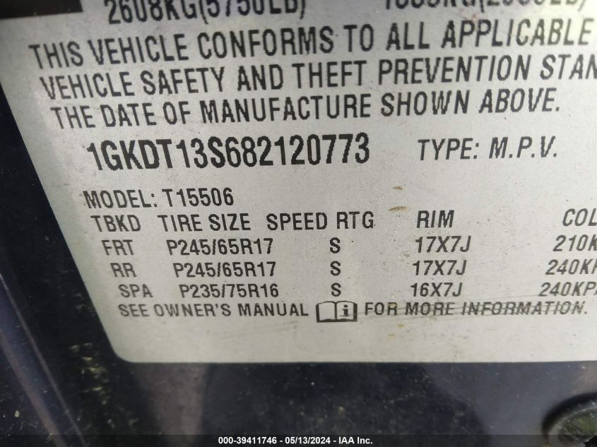 2008 GMC Envoy Sle VIN: 1GKDT13S682120773 Lot: 39411746