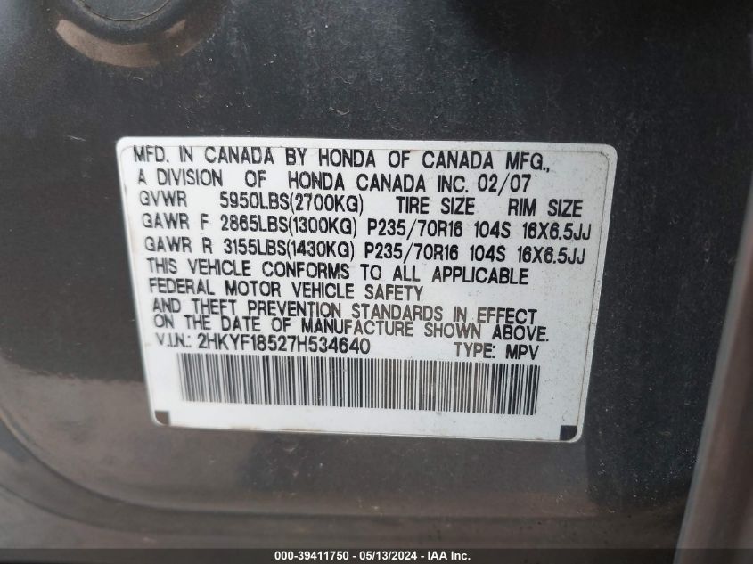 2007 Honda Pilot Ex-L VIN: 2HKYF18527H534640 Lot: 39411750