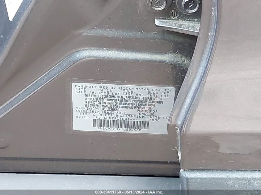 2018 Nissan Kicks S VIN: 3N1CP5CUXJL525580 Lot: 39411768