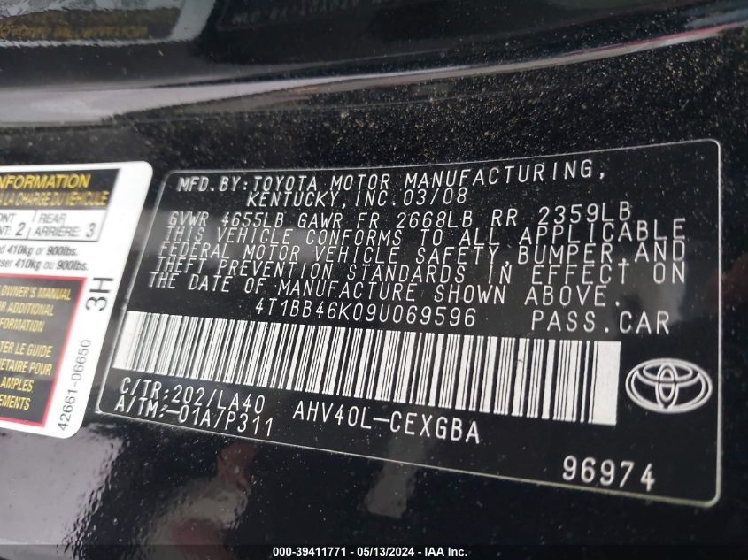 2009 Toyota Camry Hybrid VIN: 4T1BB46K09U069596 Lot: 39411771