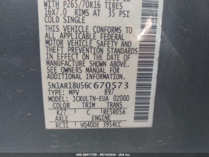 2006 Nissan Pathfinder Se VIN: 5N1AR18U56C670573 Lot: 39411780