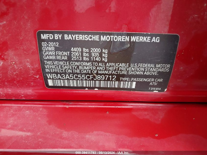 2012 BMW 328I VIN: WBA3A5C55CFJ89712 Lot: 39411793